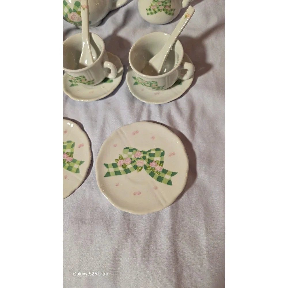 Miniature Porcelain Tea Set Green Gingham Bow Pink Rose Floral 17pc Collection